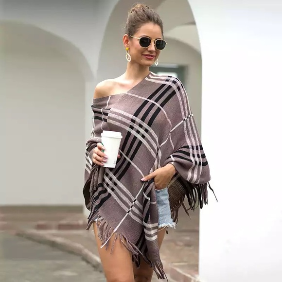 Sweaters - Plaid Tartan Boatneck Blanket Poncho with Fringe
